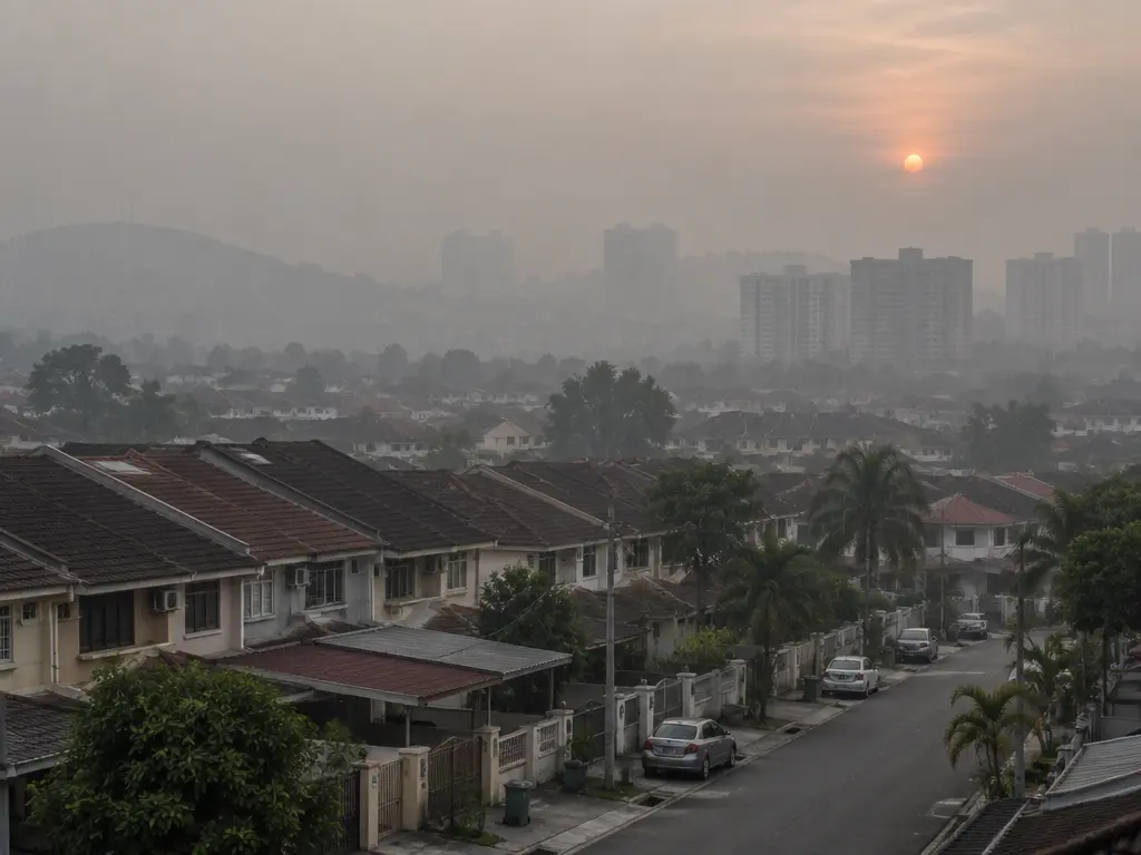 大马住宅区上空笼罩灰色霾气的示意画面，远处楼宇能见度降低。