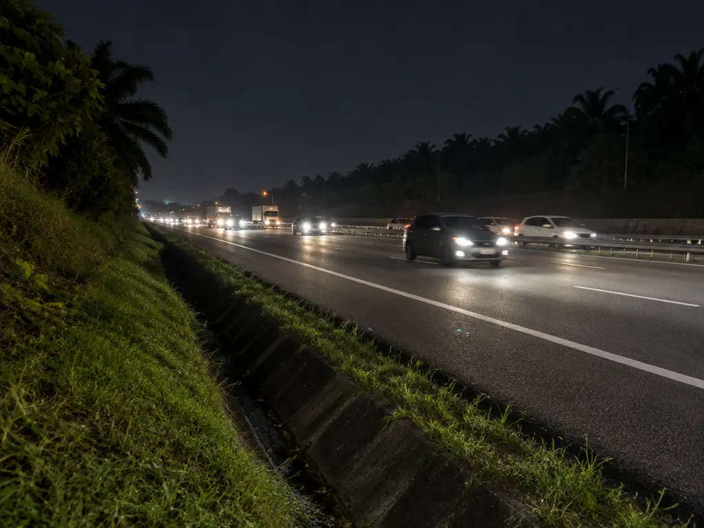 夜间大道的车流与昏暗路肩,示意步行到天黑后面对的道路环境。