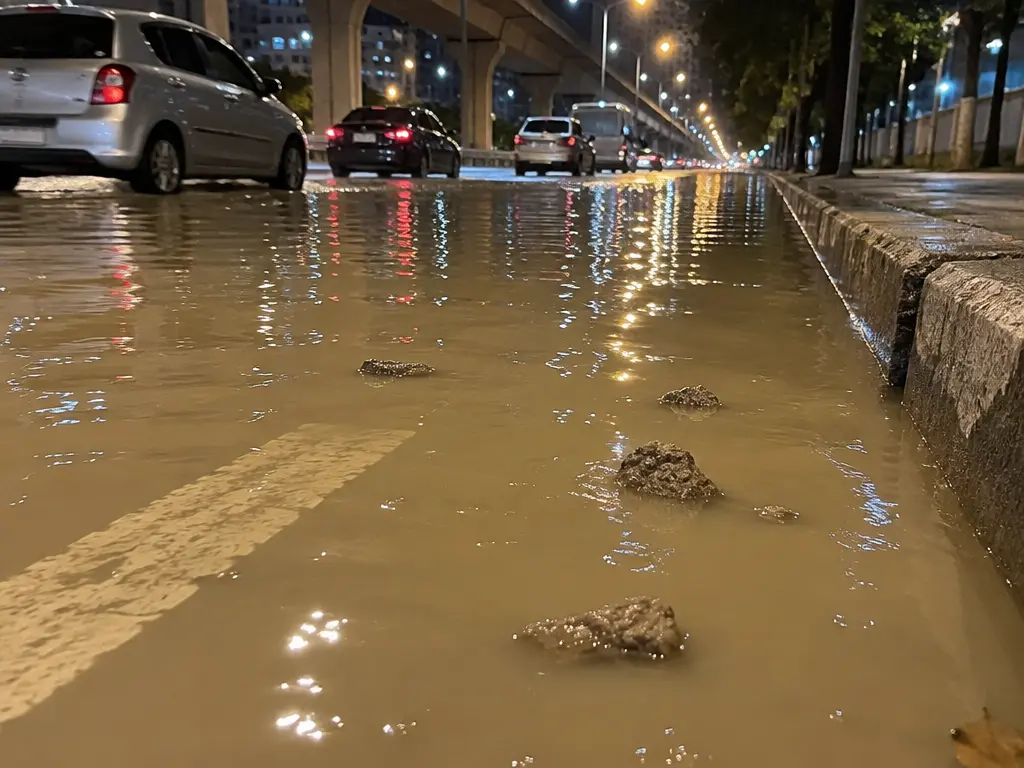 示意图:马路上的淡褐色污水及无法确认性质的漂浮物。