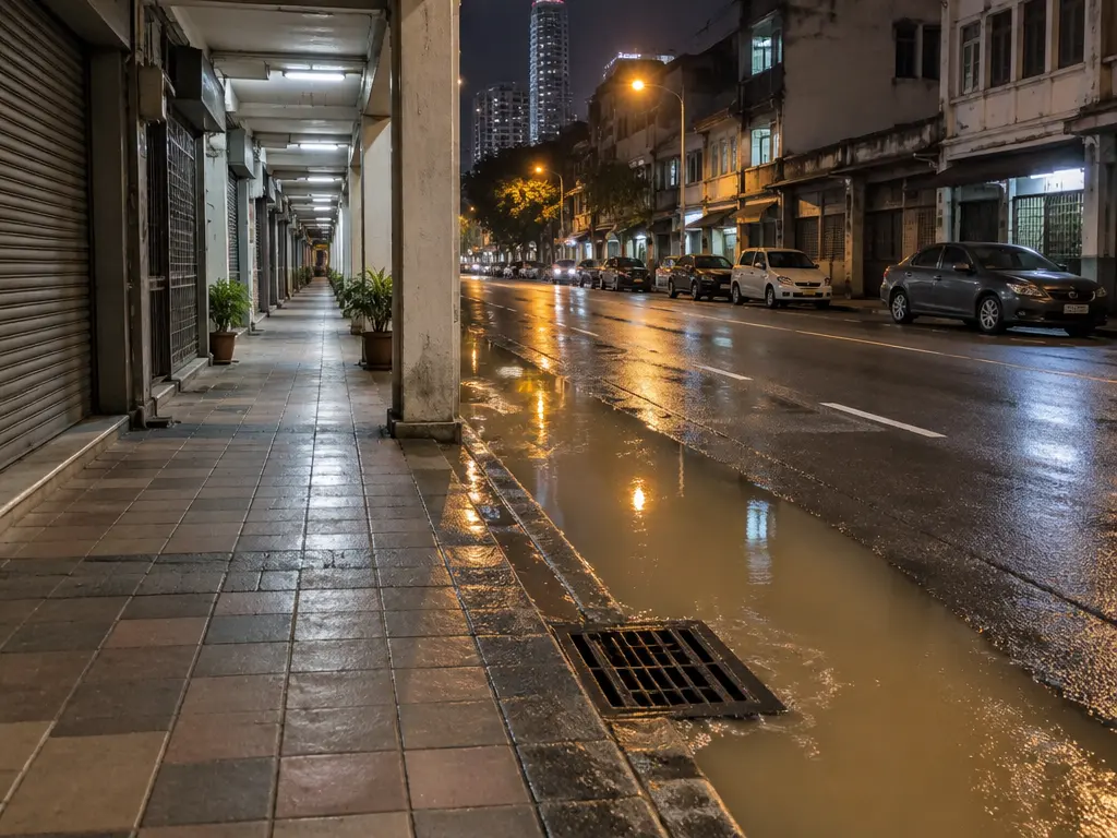 示意图:夜间隆市街道环境,骑楼与路缘旁可见积水。