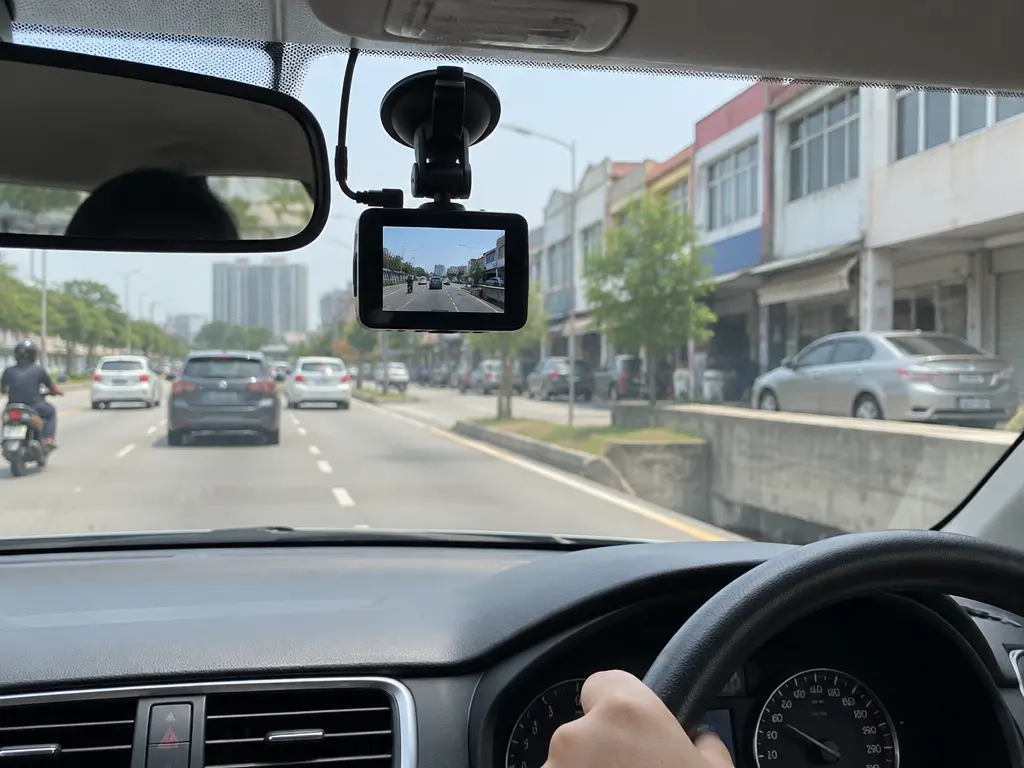 右驾车辆内的行车记录器及道路录像示意画面。