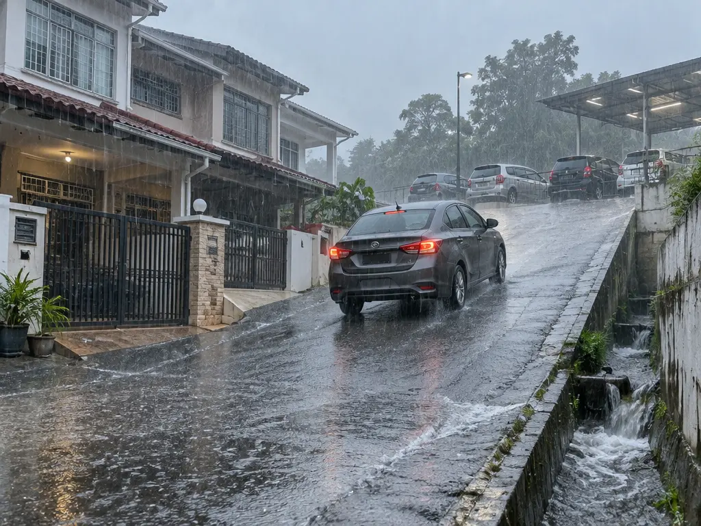 示意画面:豪雨中,一辆汽车沿斜坡驶往住宅区较高处。