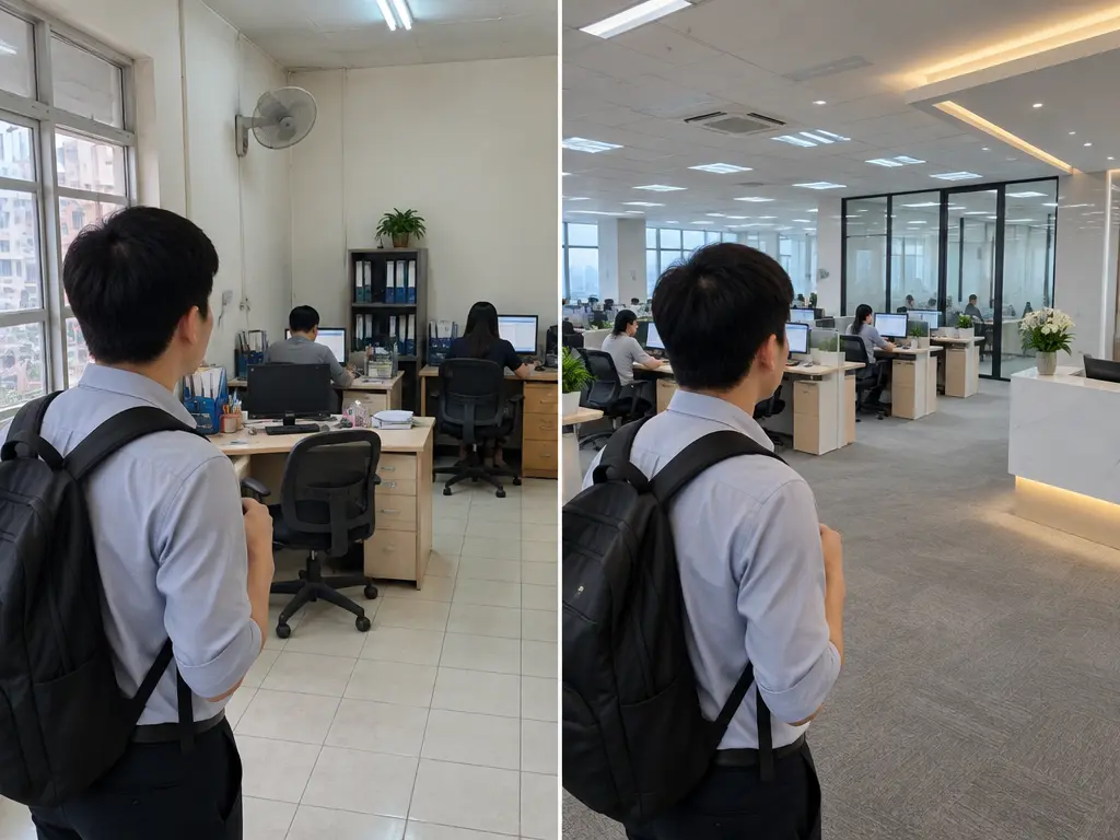 虚构就业选择示意：普通员工面对小型企业与大型企业的办公环境，呈现潜在的工作选择。