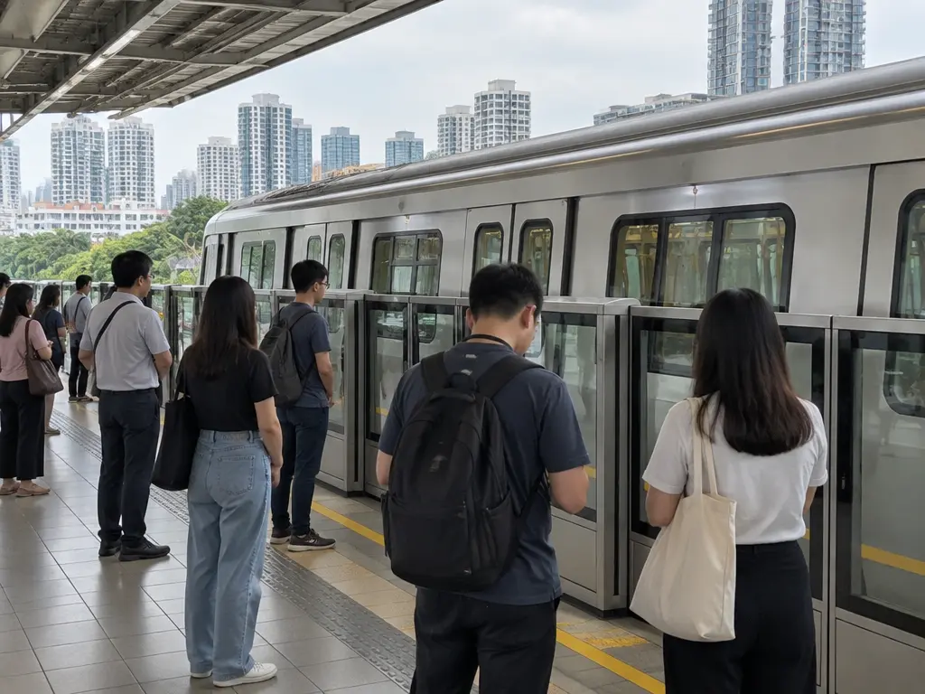 示意图:城市轨道列车停靠月台,乘客在屏蔽门旁等候。