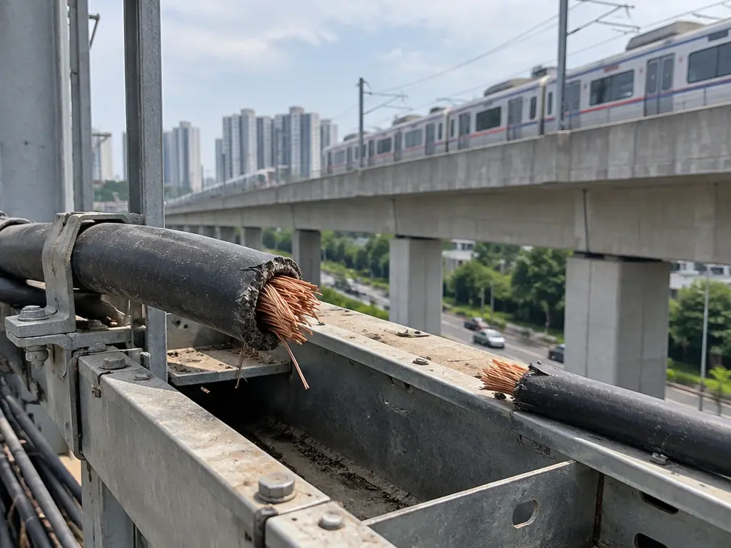 示意图:铁路设施旁的电缆出现断口,以缺失的连接说明供电中断。