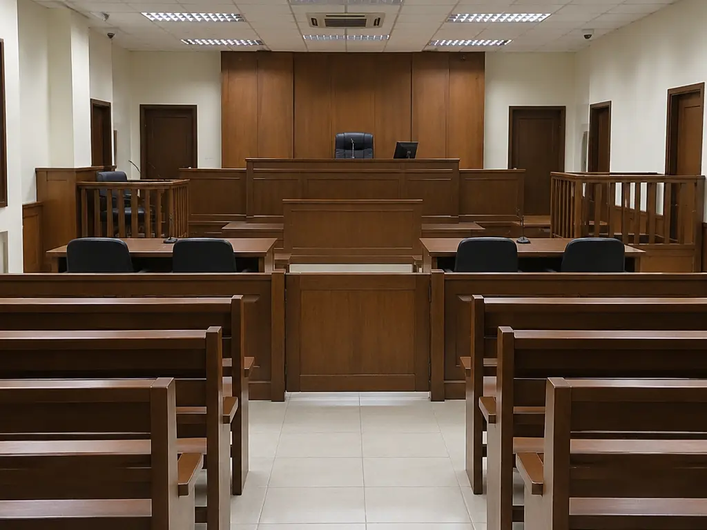 空置推事庭示意图,呈现审判席、证人席及被告栏。
