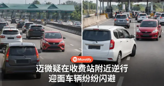 迈微疑在收费站附近逆行 迎面车辆纷纷闪避