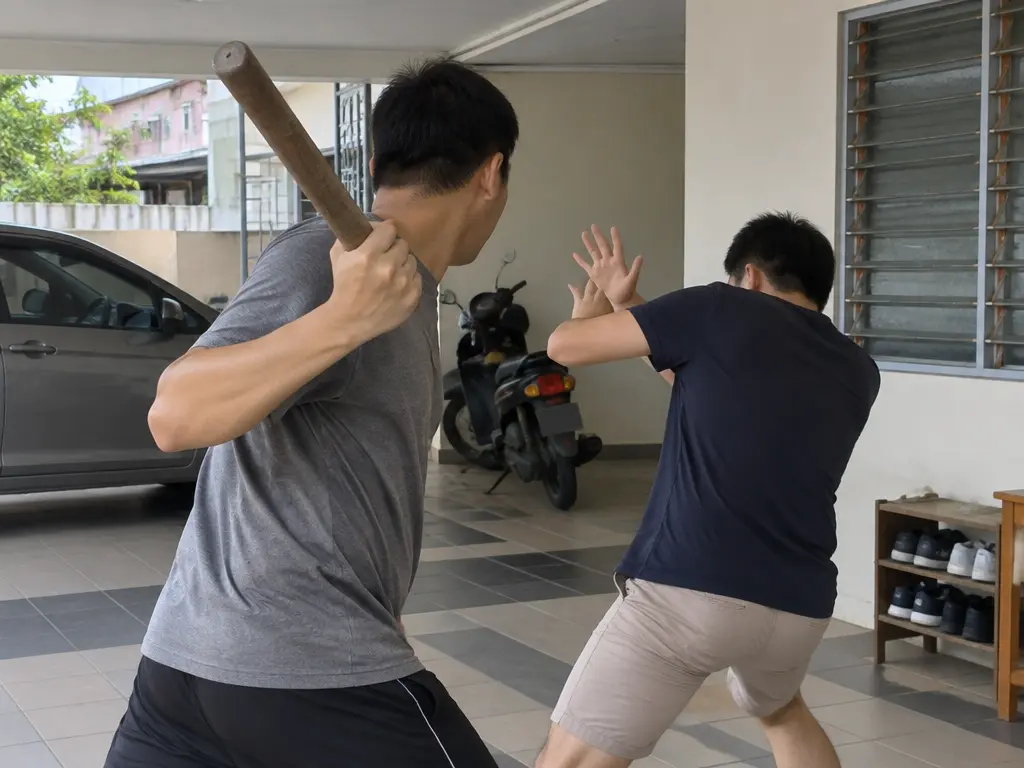 两名虚构成年男子发生冲突的非血腥示意画面,其中一人举起钝物,另一人抬手防御。
