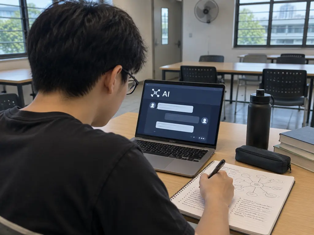示意大学生一边参考AI工具，一边亲自整理作业思路。