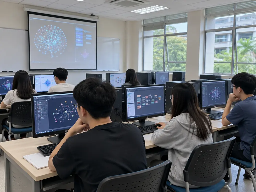 示意AI专业学生在大学电脑教学室学习，非工大实际课堂。