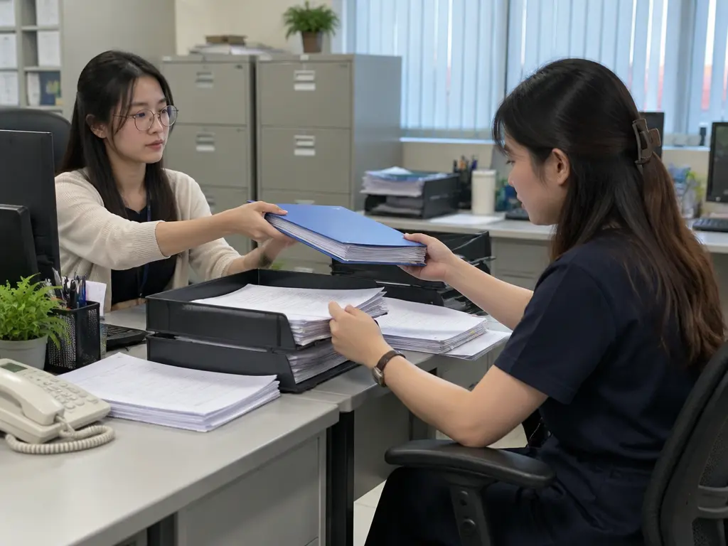 示意图:办公室同事交接工作文件并整理待办资料。