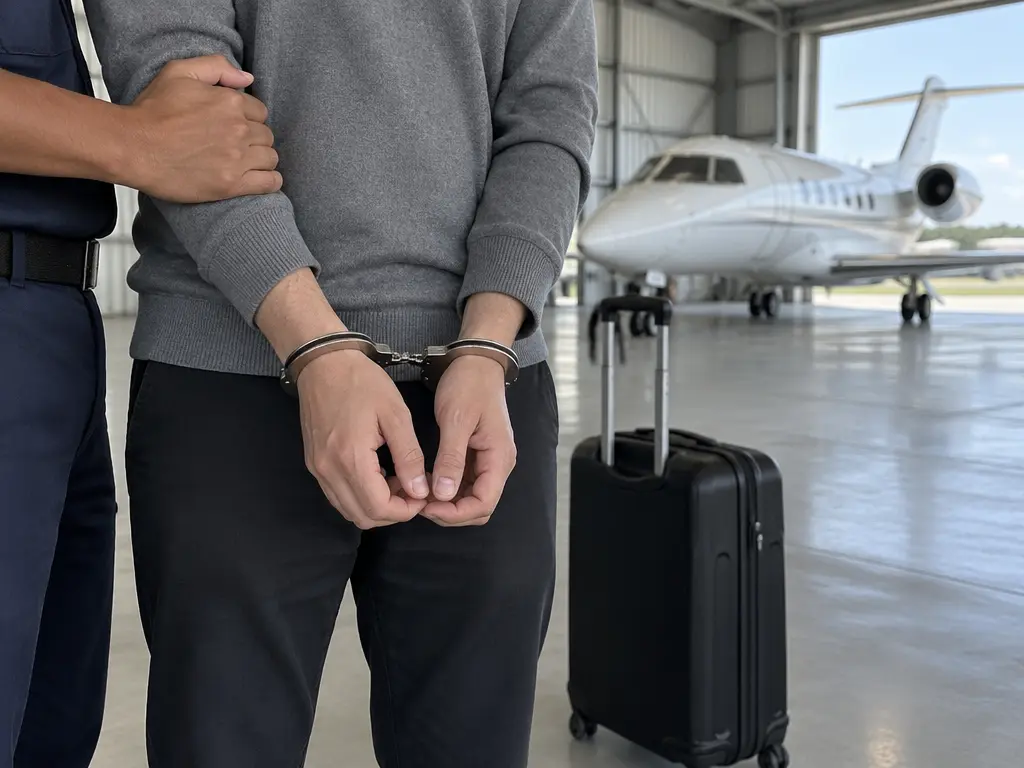 示意图:机库内被铐上手铐的双手与登机行李箱