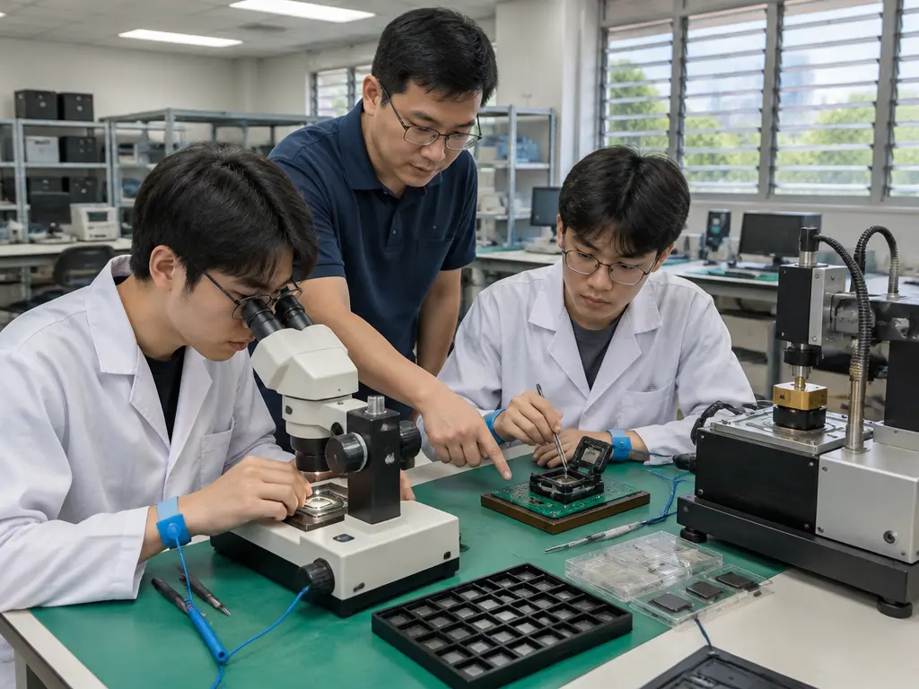 示意图:大学实验室内,工科学生在业界导师指导下用显微镜和测试座练习芯片封装测试。