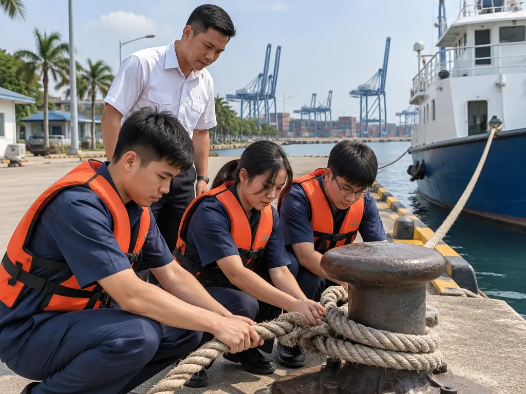 海员学员在港口码头练习系缆,导师在旁指导(示意图)