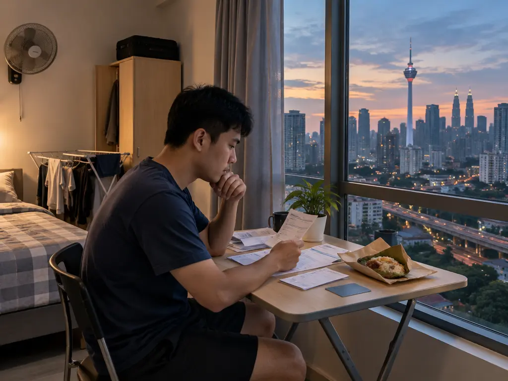 示意图:单身打工族在吉隆坡高楼出租房内整理每月房租和生活账单,窗外是吉隆坡市景