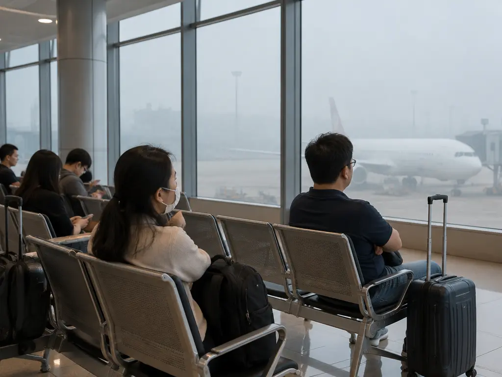 旅客在候机区等候航班,窗外停机坪被烟霾笼罩的示意图