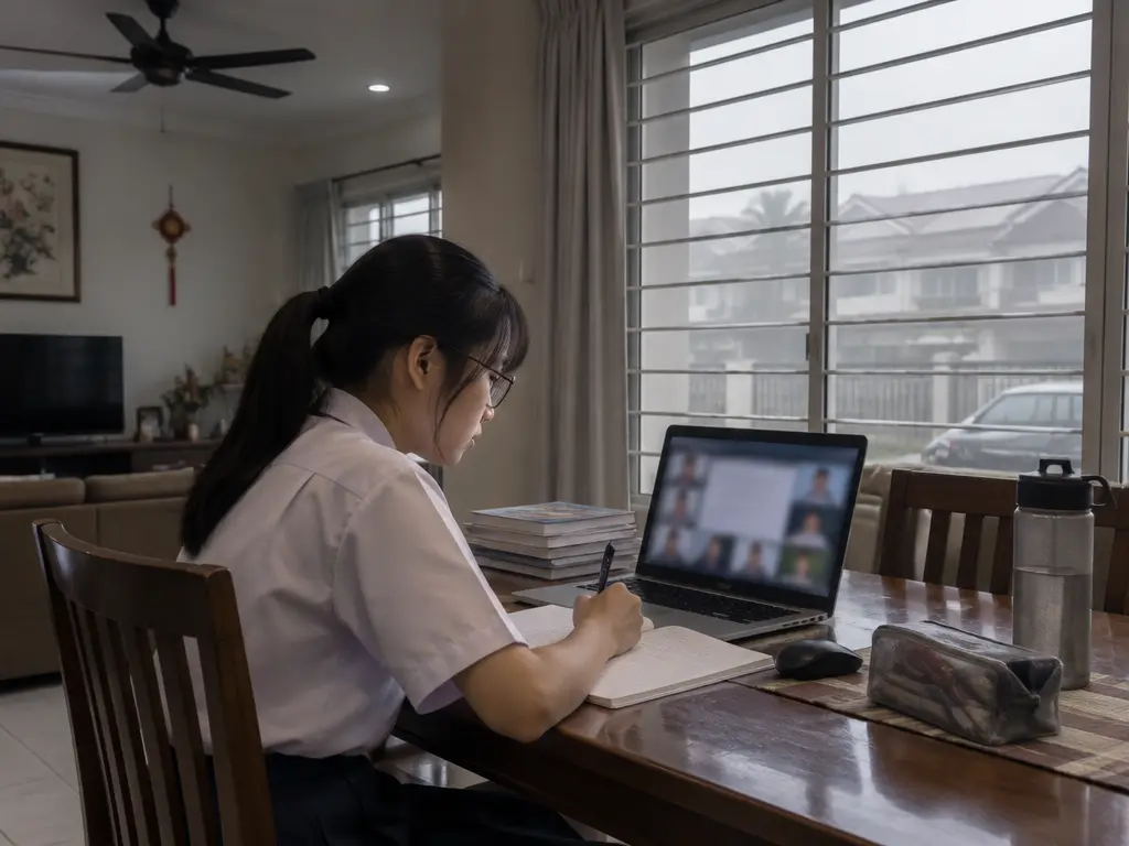 示意图:学生在家中上网课,窗外铁花窗外一片灰蒙蒙烟霾
