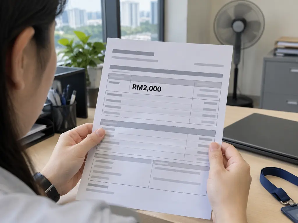 示意图：年轻上班族手持底薪栏印有RM2,000的月薪单
