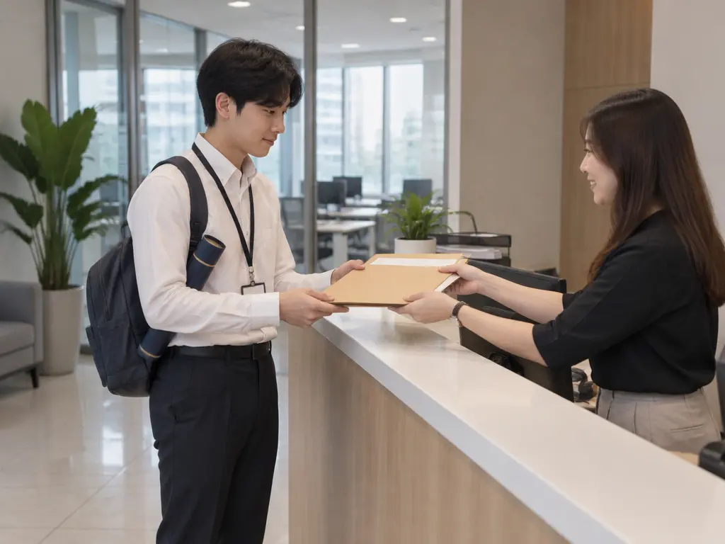 示意图：刚毕业的新鲜人第一天上班，在公司柜台领取入职资料