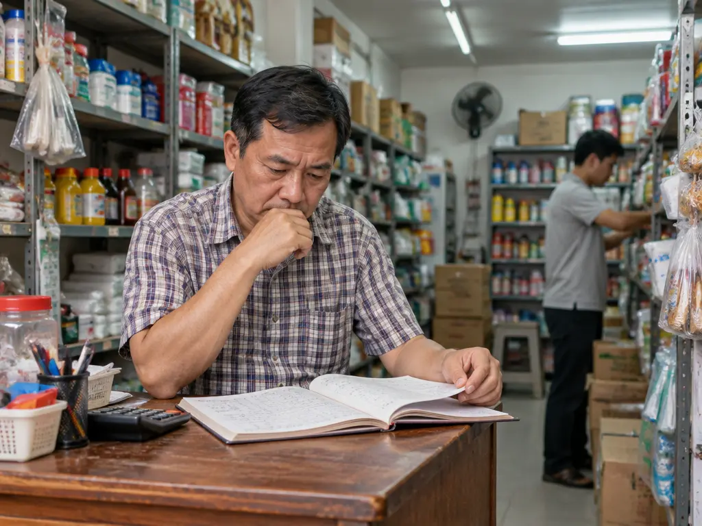 示意图：小商店老板在柜台翻看开销账本，店员在后方整理货架