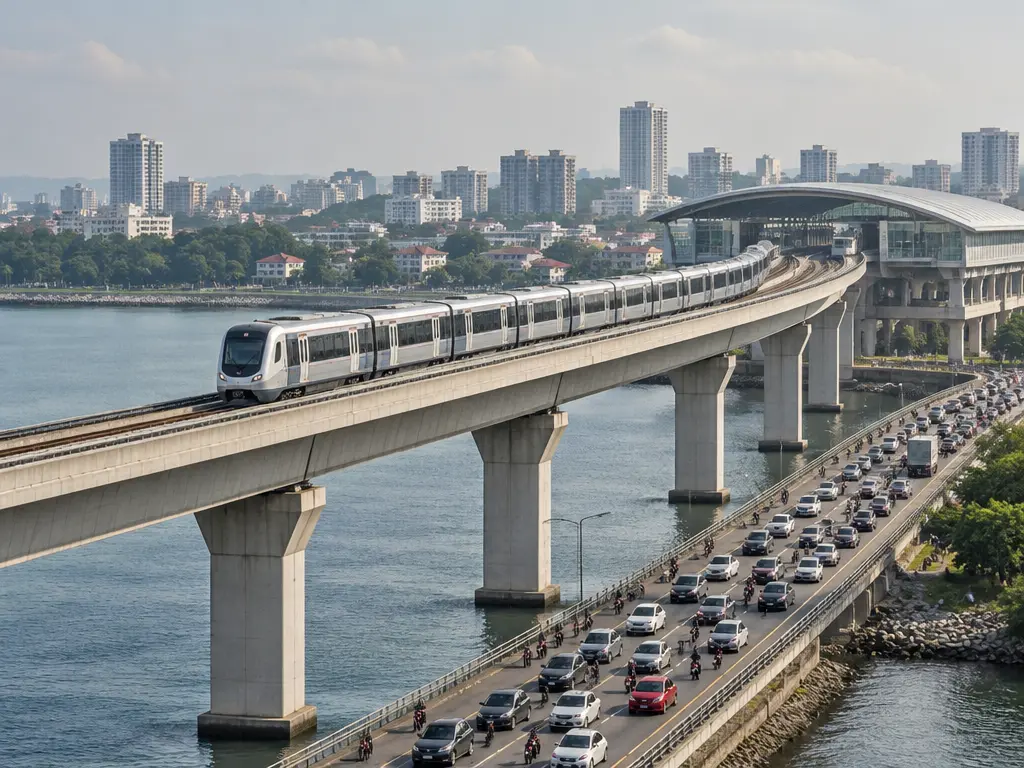 跨海高架轻快铁列车驶过海峡，旁边长堤车流拥堵的示意图