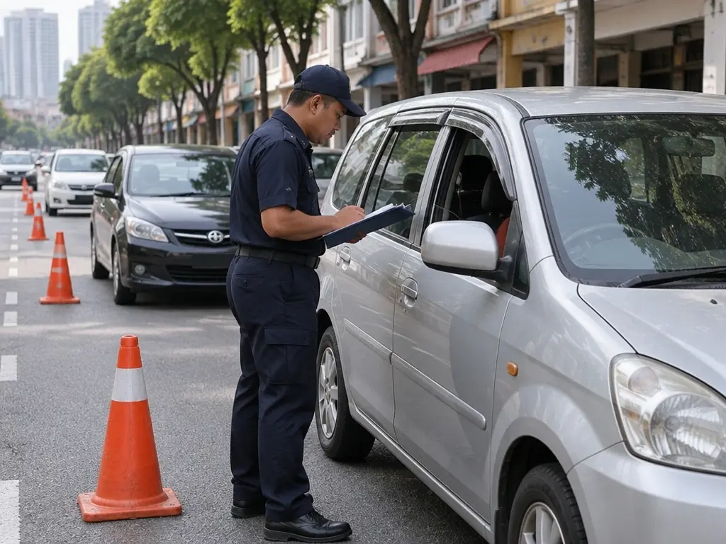 示意图:陆路交通局执法人员在吉隆坡街头路边截查一辆小型客货车,在车窗旁问话