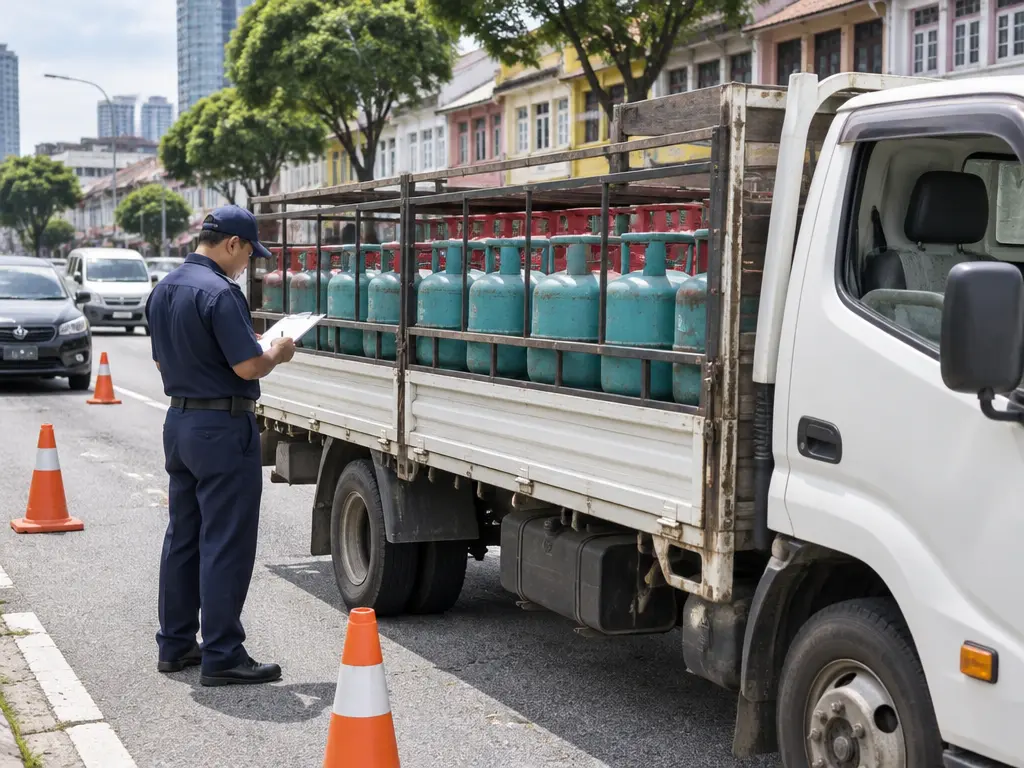 示意图:载着煤气桶的罗里在路边被执法人员截查