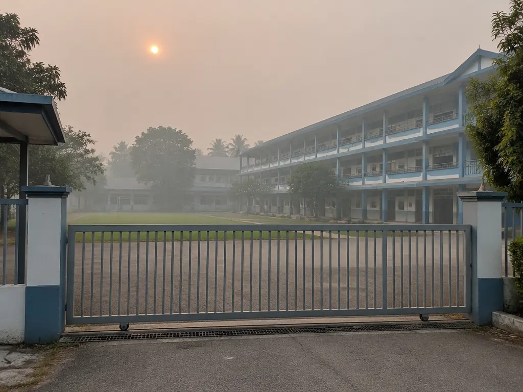 浓密烟霾笼罩下的马来西亚学校,校门关闭,操场与走廊空无一人