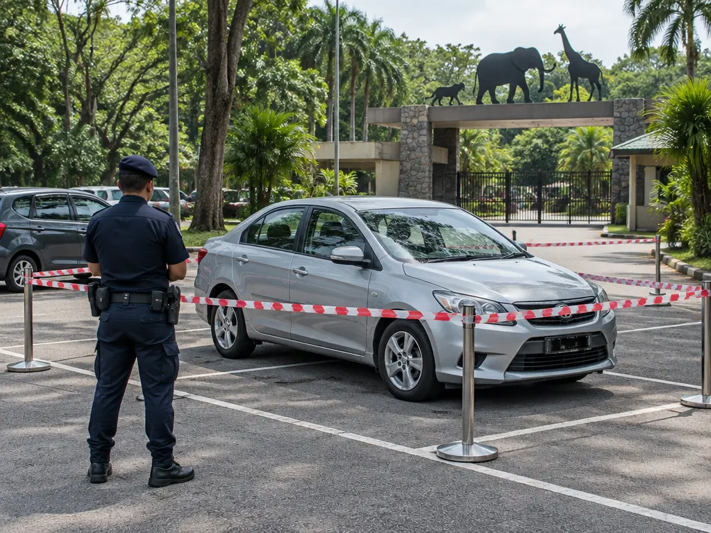示意图:动物园外停车场被警方封锁,一辆汽车斜停在停车格旁