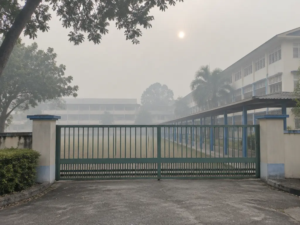 示意图:烟霾笼罩下,大马学校大门紧闭,校园空无一人