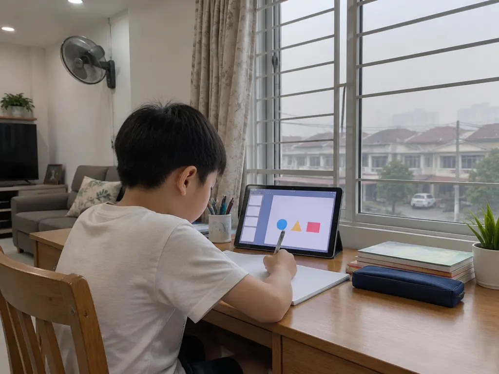 示意图:烟霾天,学生在家中通过平板进行居家教学
