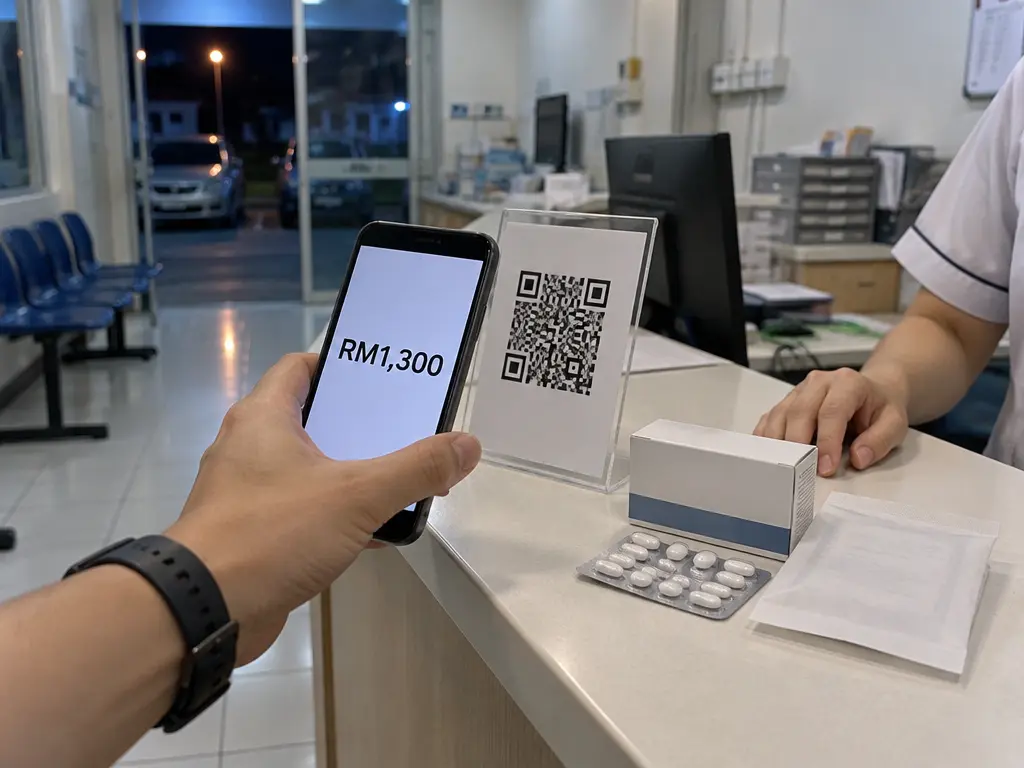 示意图:顾客在诊所柜台扫QR,买退烧药付款