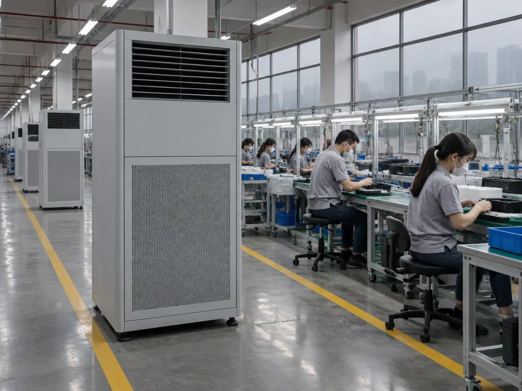 工厂内摆放工业空气过滤设备,窗外仍是烟霾(示意图)