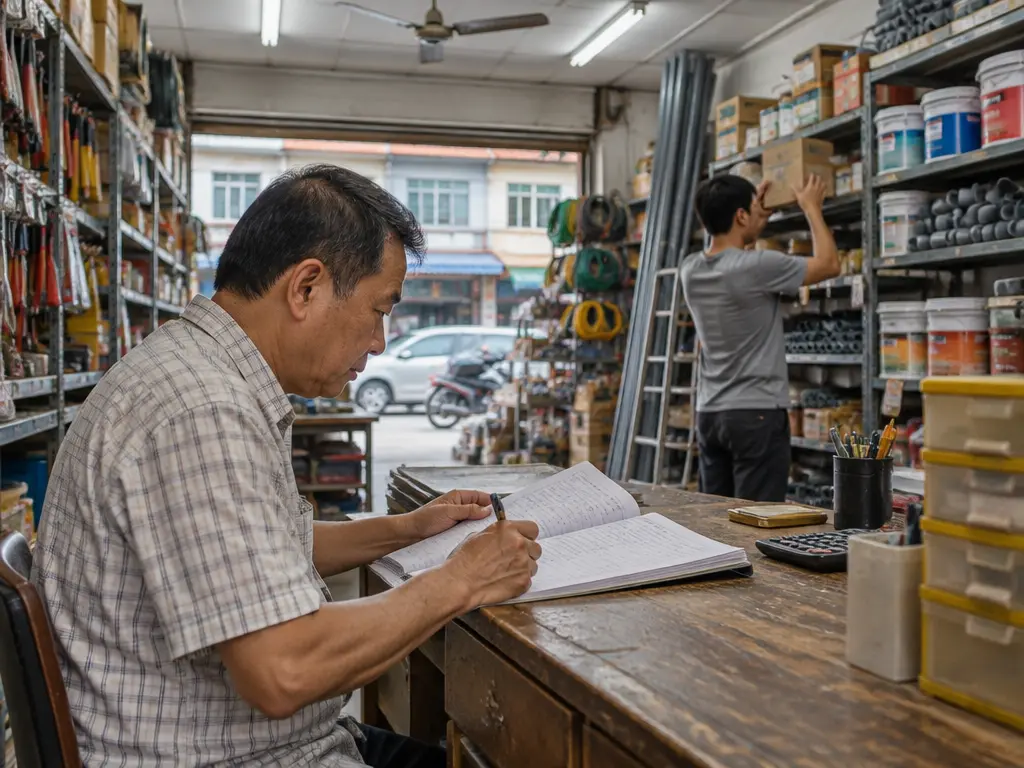 小型五金店老板在柜台翻看员工薪资簿的示意图