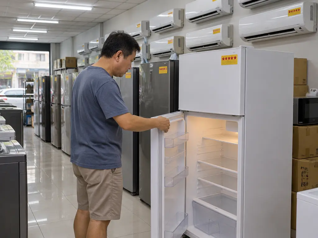 示意图:顾客在电器店比较节能冰箱与冷气