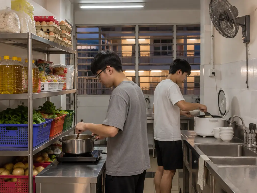 学生在宿舍公用厨房使用烹饪设备和捐赠食材煮饭(示意图)