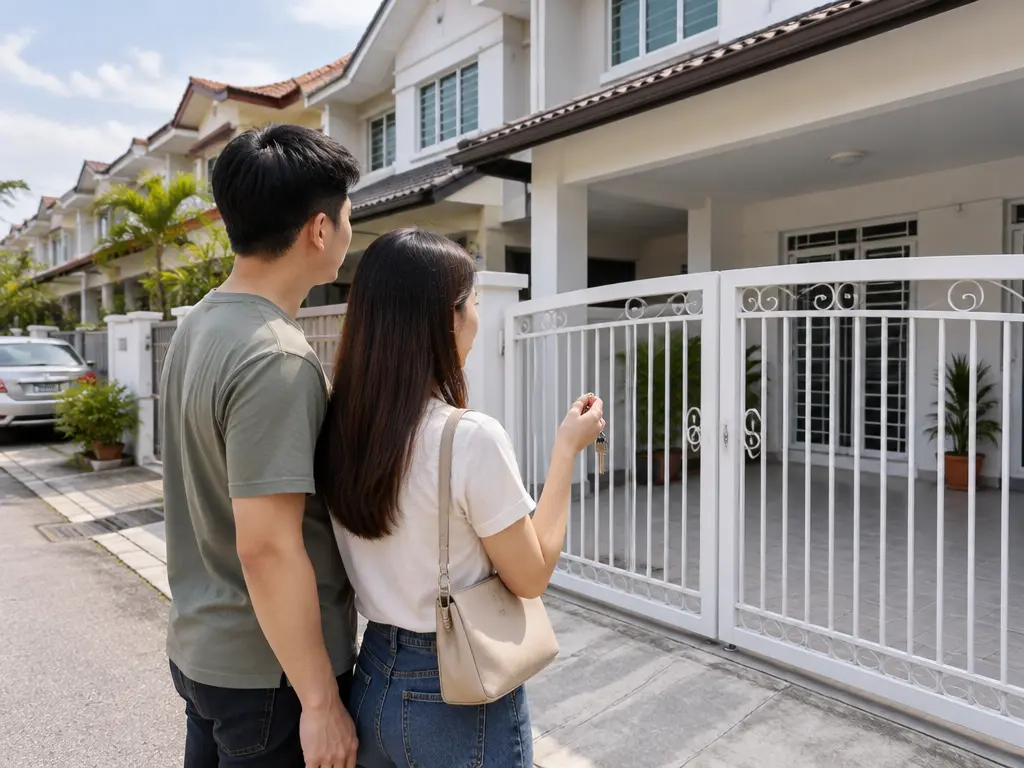 年轻夫妇拿着房屋钥匙,站在大马住宅区排屋铁门前的示意图