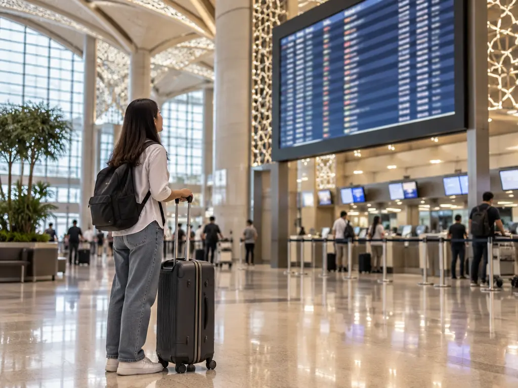 示意图:一名大马旅客在沙特机场出境大厅查看航班资讯屏幕