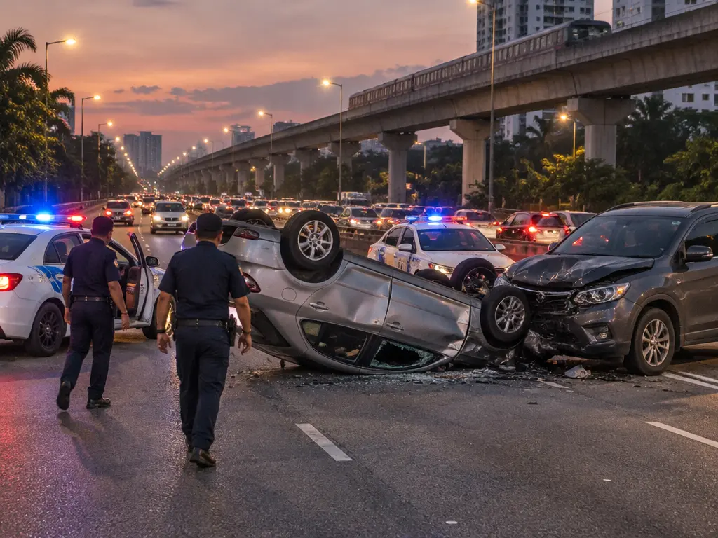 示意图:傍晚车流中,一辆轿车与休旅车相撞后翻覆,多辆警车围到现场