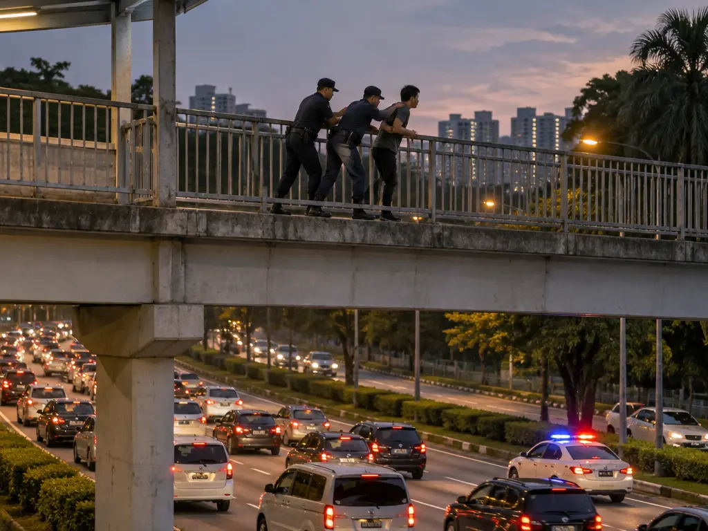 示意图:傍晚的行人天桥上,警员在栏杆边把一名男子拉回并制伏