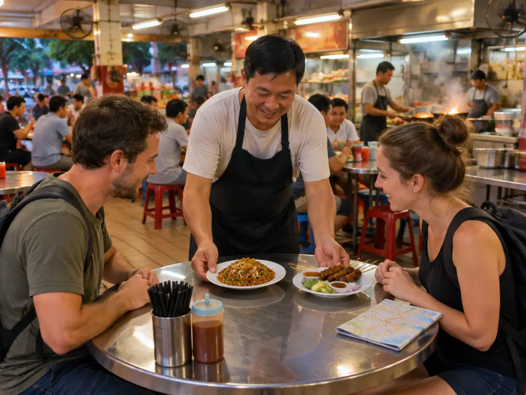 外国游客在本地小贩中心用餐,摊主端上炒粿条和沙爹