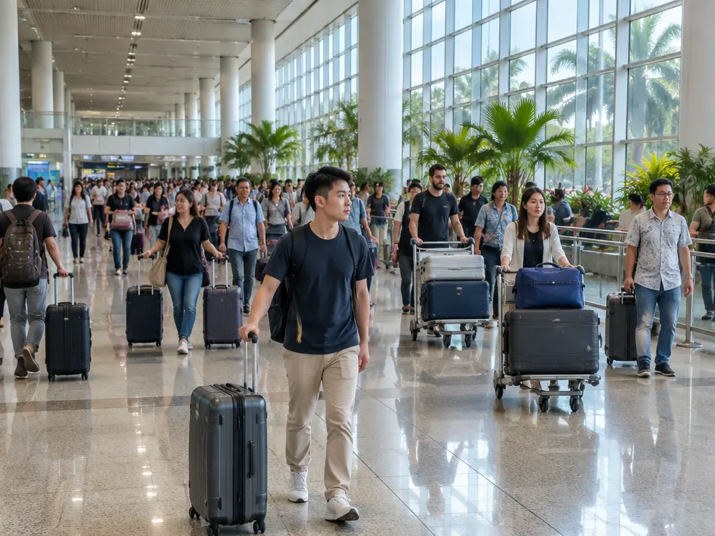 大批外国旅客拖着行李走出机场入境大厅