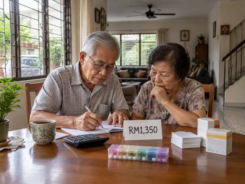 退休长辈夫妇在家中餐桌旁,桌上有药盒和写着RM1,350的字条,示意调高后的最低退休金