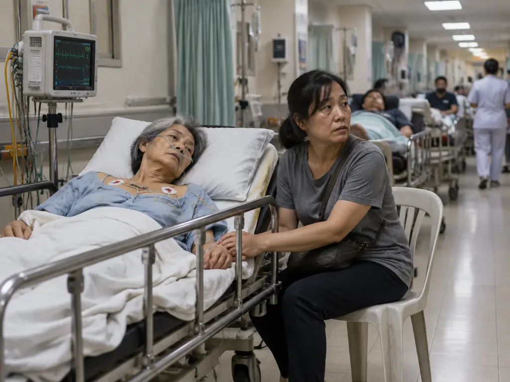 示意图：政府医院急诊走廊里，年长病人躺在推床上接着心脏监测仪，女儿坐在旁边守候