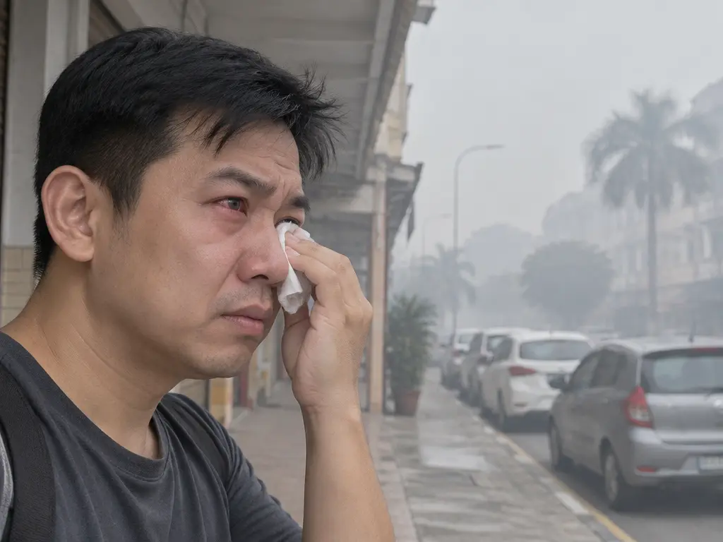 烟霾笼罩的街边,男子用纸巾轻按发红流泪的眼睛
