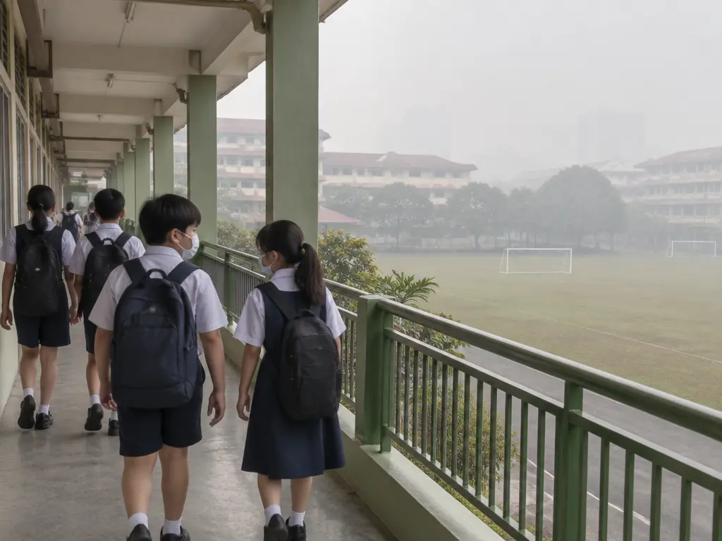 示意图:学生戴口罩走过走廊,操场被烟霾笼罩