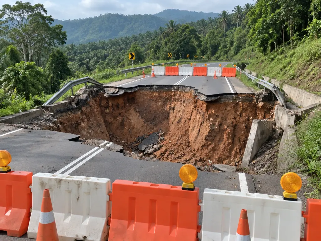 示意图:马来西亚乡区联邦公路中央塌出深坑,四周以路障封锁