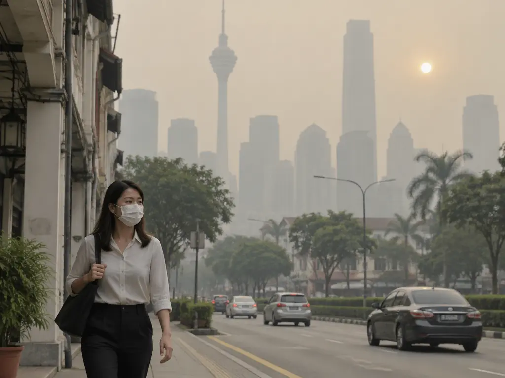 示意图:烟霾笼罩的大马城市街道,戴口罩的行人走过骑楼,远处高楼被灰黄烟霾遮住