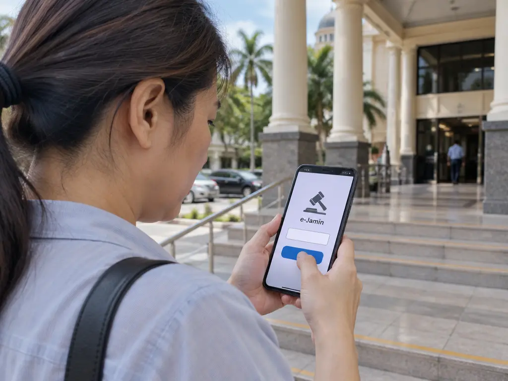 示意图：家属在法院外用手机通过网上系统缴付保释金