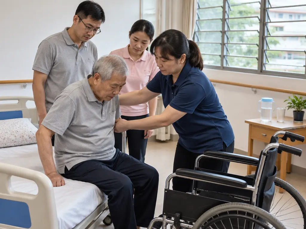示意图:乐龄照护培训课中,学员学习协助长者由床移到轮椅